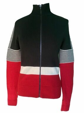 Moschino Cheap & Chic Women’s Black, Red & White Wool Zip-Up Sweater